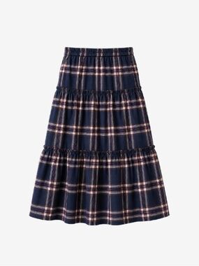 Urban Renewal Navy Plaid Tiered Maxi Skirt with Res and Cream Accents